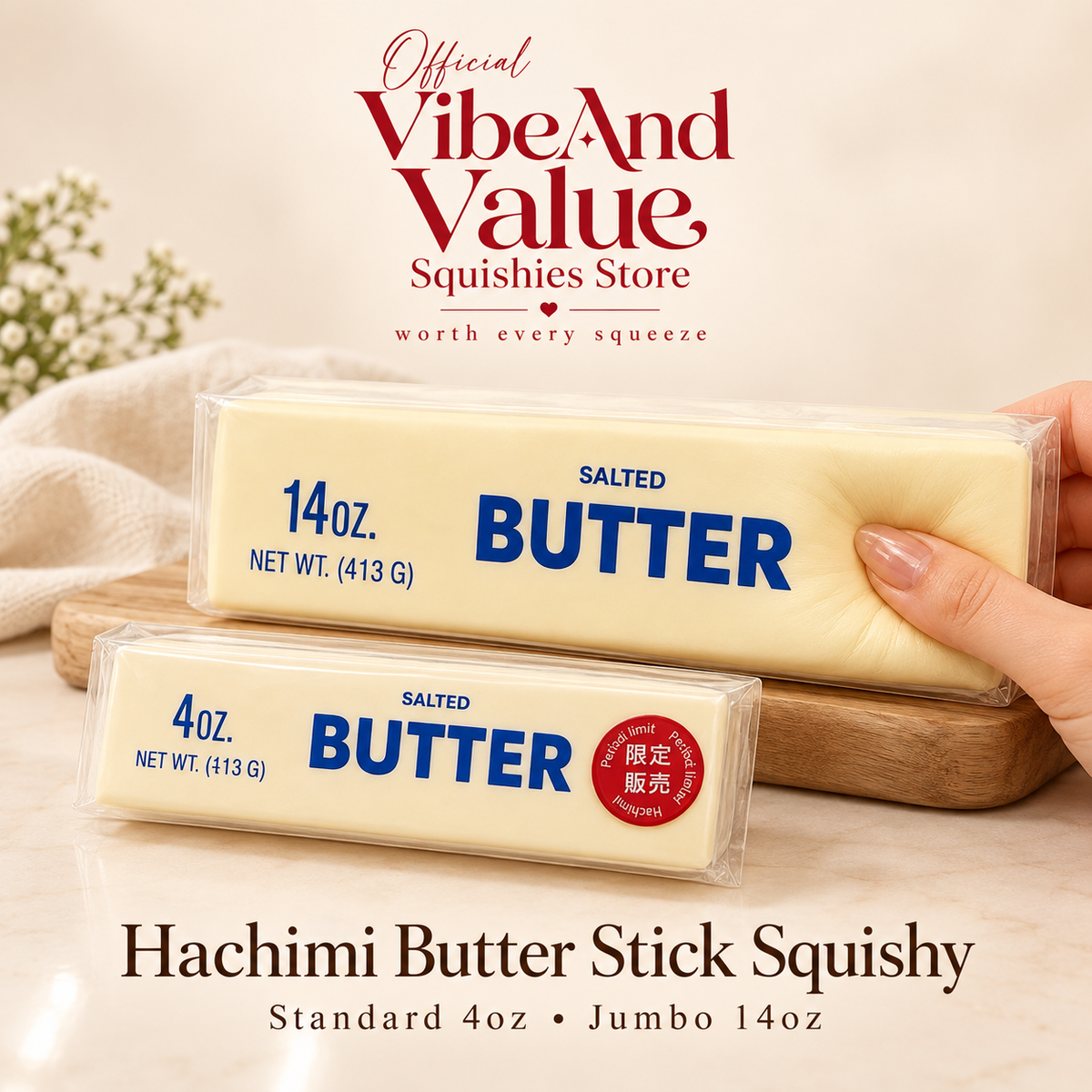 Hachimi Butter Stick Squishy – Soft Slow Rising Butter Block Squishy | Standard 4oz & Jumbo 14oz