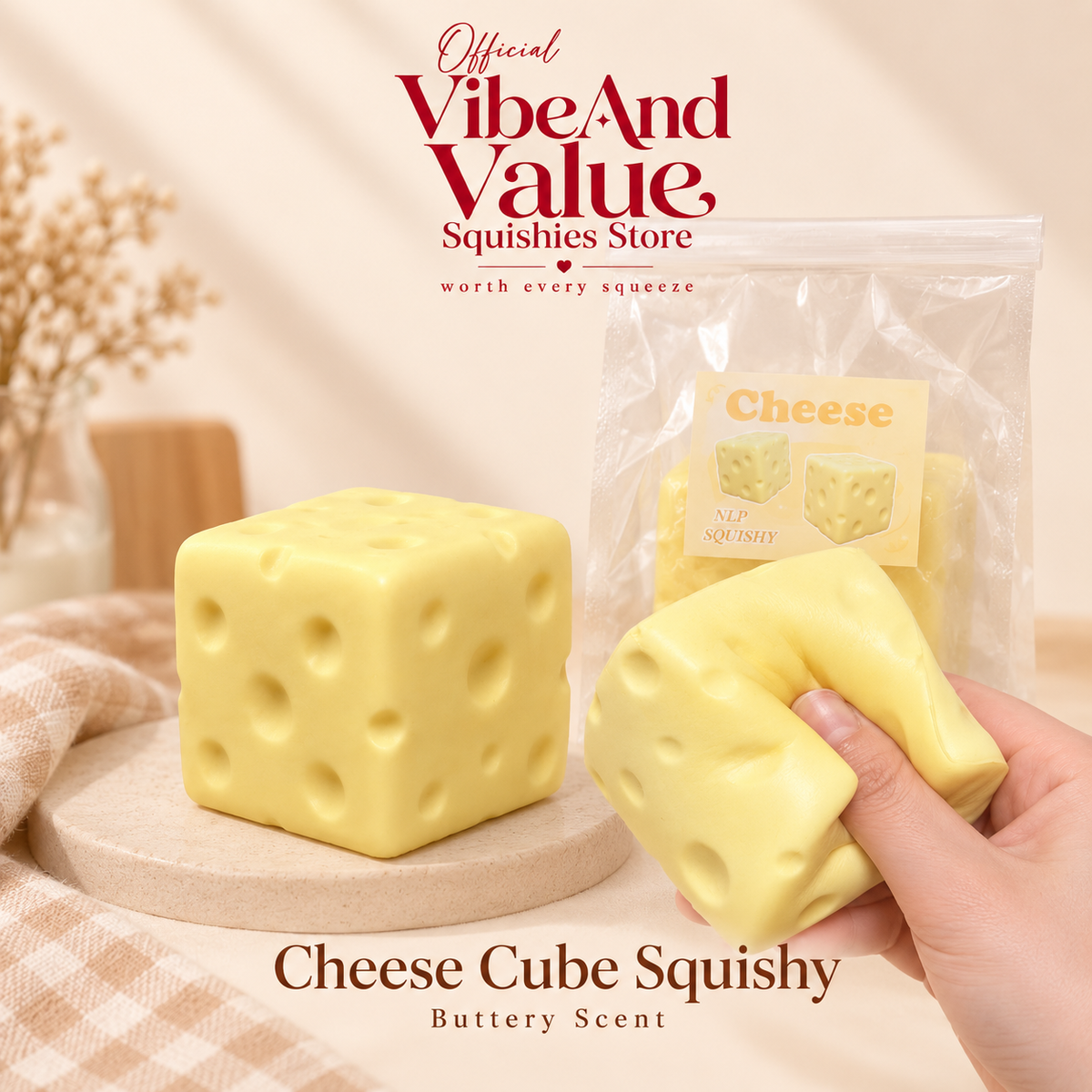Cheese Cube Squishy – Super Soft Slow Rising Cheese Squishy with Buttery Scent
