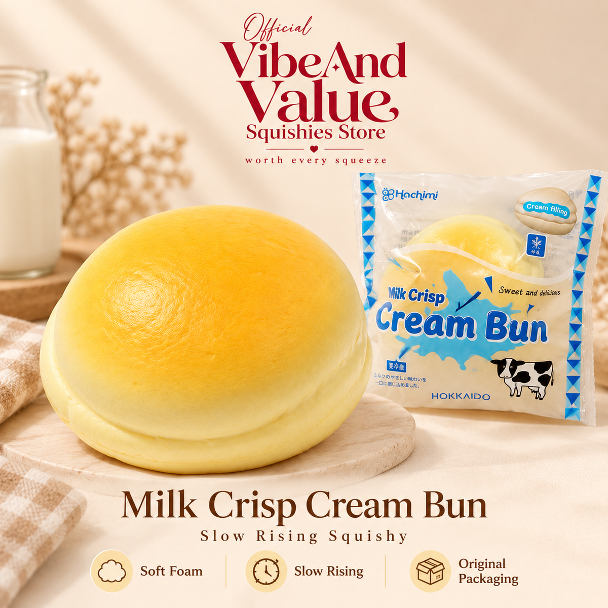 Hachimi Milk Crisp Cream Bun Squishy – Soft Slow Rising Hokkaido Cream Bun Squishy (Buttery Scent)