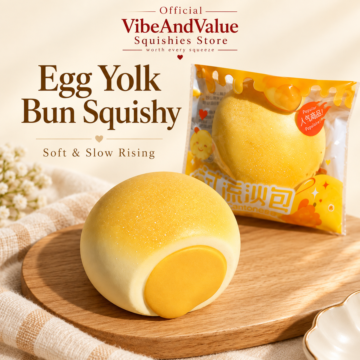 Egg Yolk Bun Squishy – Soft Slow Rising Custard Bun Squishy (Buttery Scent)