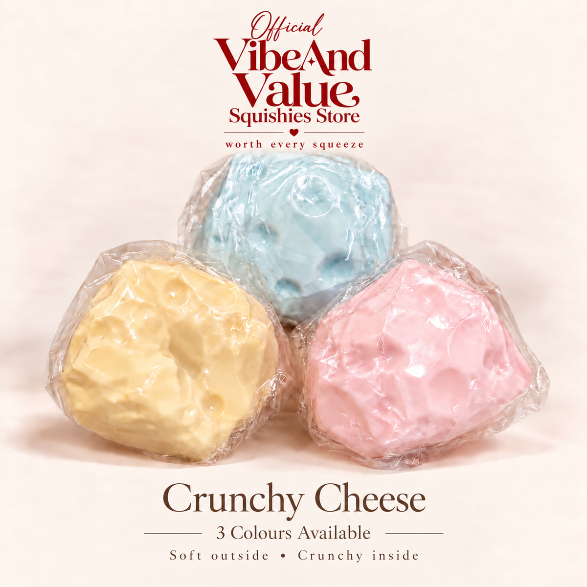 Crunchy Cheese Squishy – Soft Outside Crunchy Inside Sensory Squishy | 3 Colours