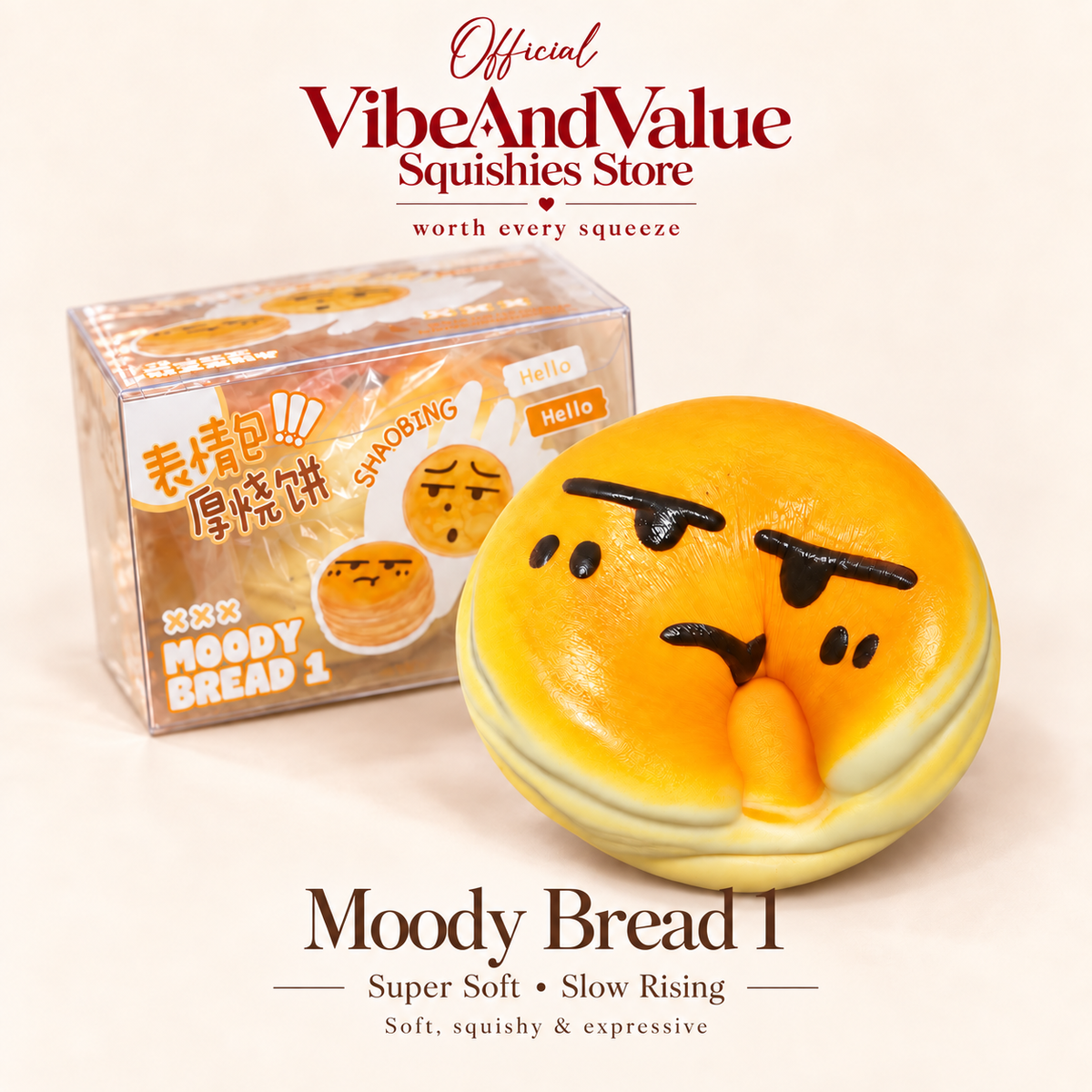 Moody Bread Squishy – Super Soft Slow Rising Expression Bread Squishy | 2 Designs (Scented)