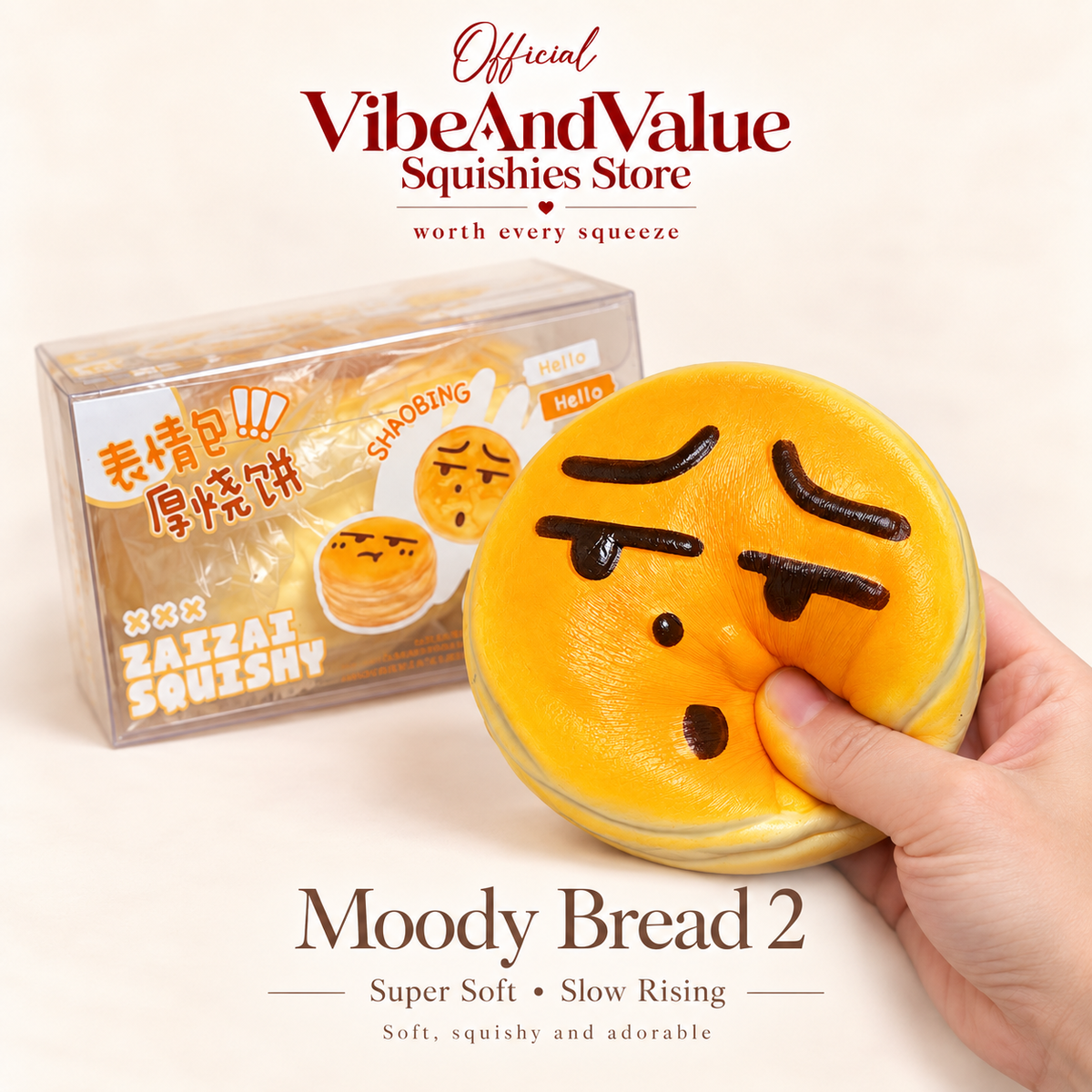 Moody Bread Squishy – Super Soft Slow Rising Expression Bread Squishy | 2 Designs (Scented)