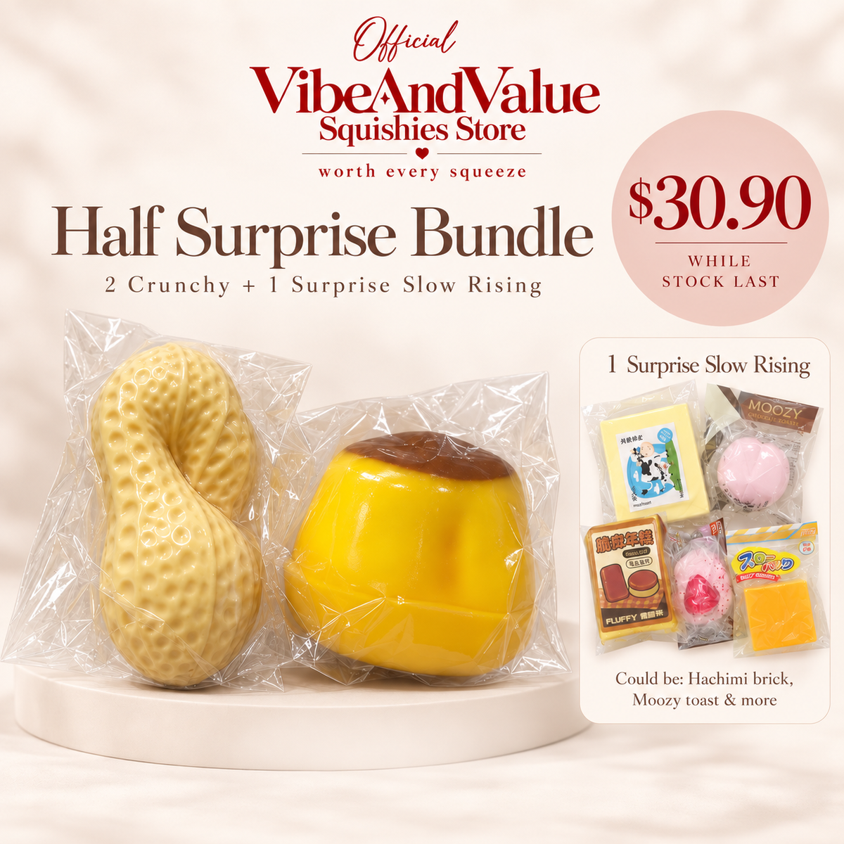 Half Surprise Mystery Bundle – 2 Crunchy Squishies (Peanut and Pudding) + 1 Surprise Slow Rising Squishy