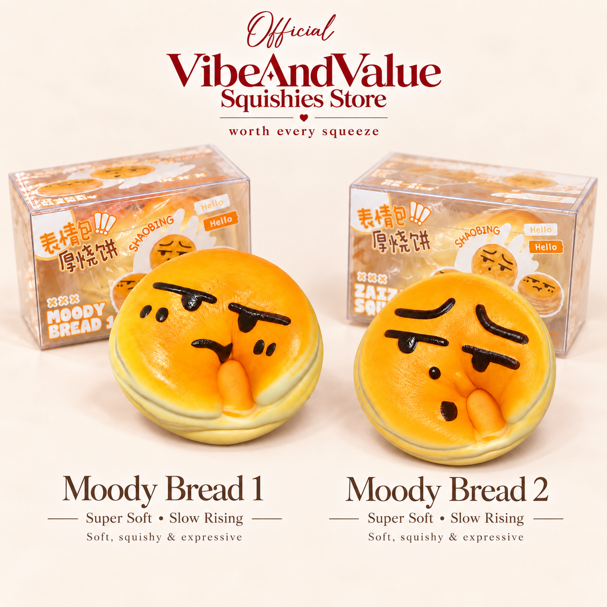 Moody Bread Squishy – Super Soft Slow Rising Expression Bread Squishy | 2 Designs (Scented)