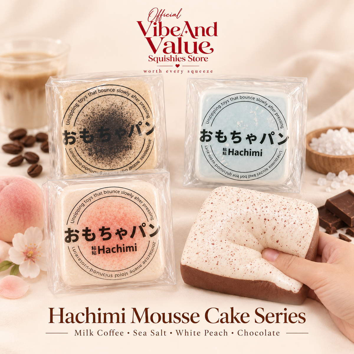 Hachimi Mousse Cake Squishy – Soft Slow Rising Dessert Squishy | White Peach, Sea Salt & Chocolate