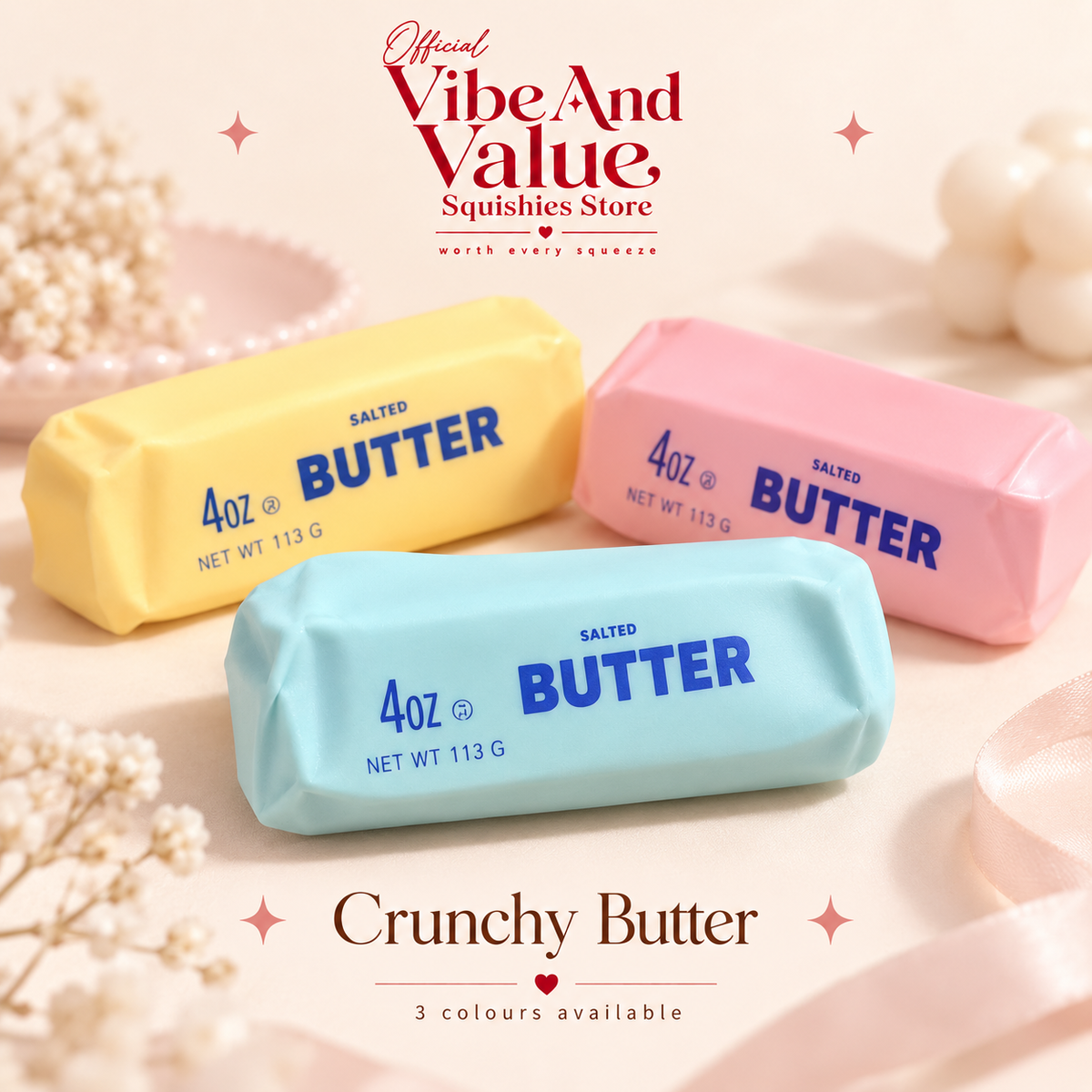 Crunchy Butter Squishy – Butter Block Sensory Squishy | Blue, Yellow & Pink