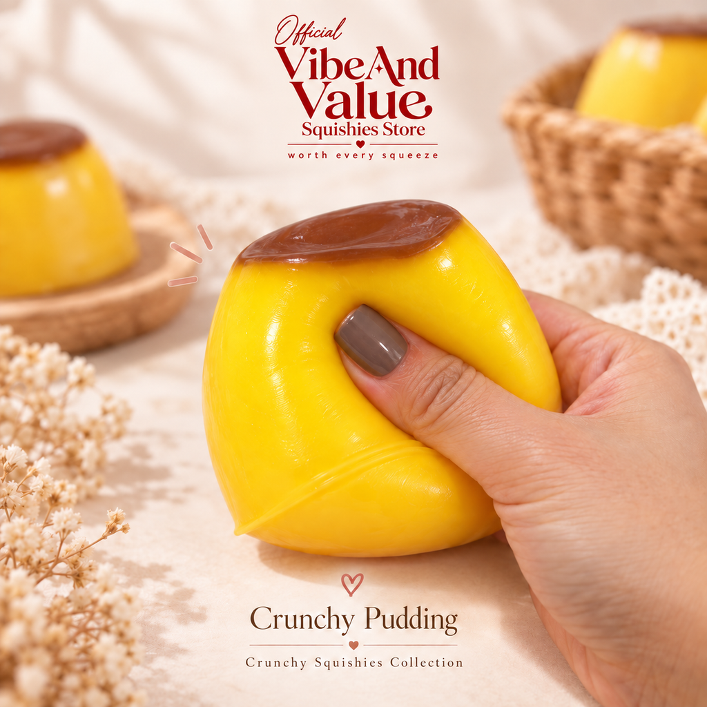 Crunchy Pudding Squishy – Soft Outside Crunchy Inside Dessert Sensory Toy, Stress Relief Fidget Squishy & Collectible