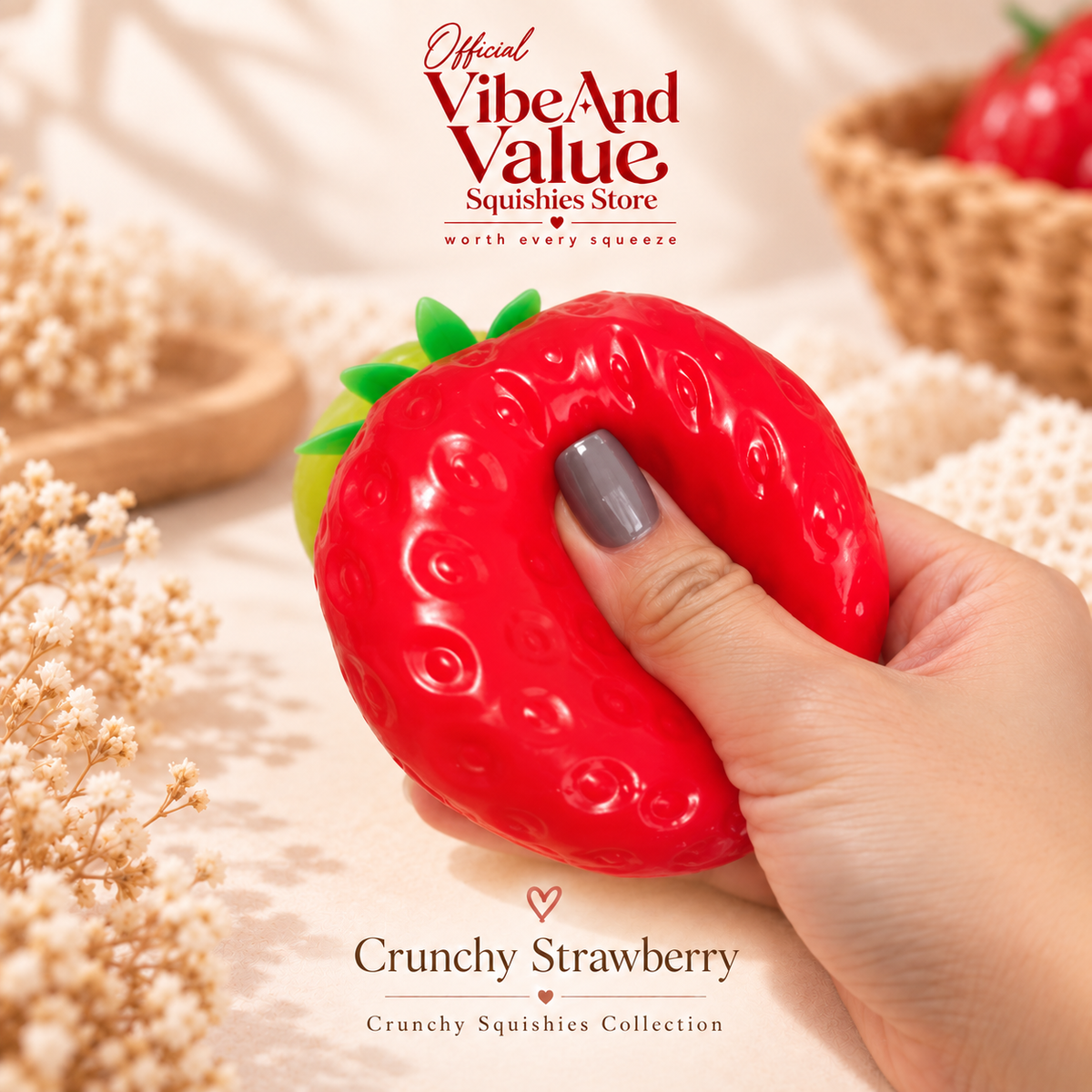 Crunchy Strawberry Squishy – Soft Outside Crunchy Inside Strawberry Sensory Toy, Stress Relief Fidget Squishy & Collectible