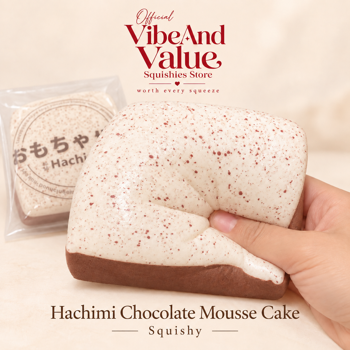 Hachimi Mousse Cake Squishy – Soft Slow Rising Dessert Squishy | White Peach, Sea Salt & Chocolate