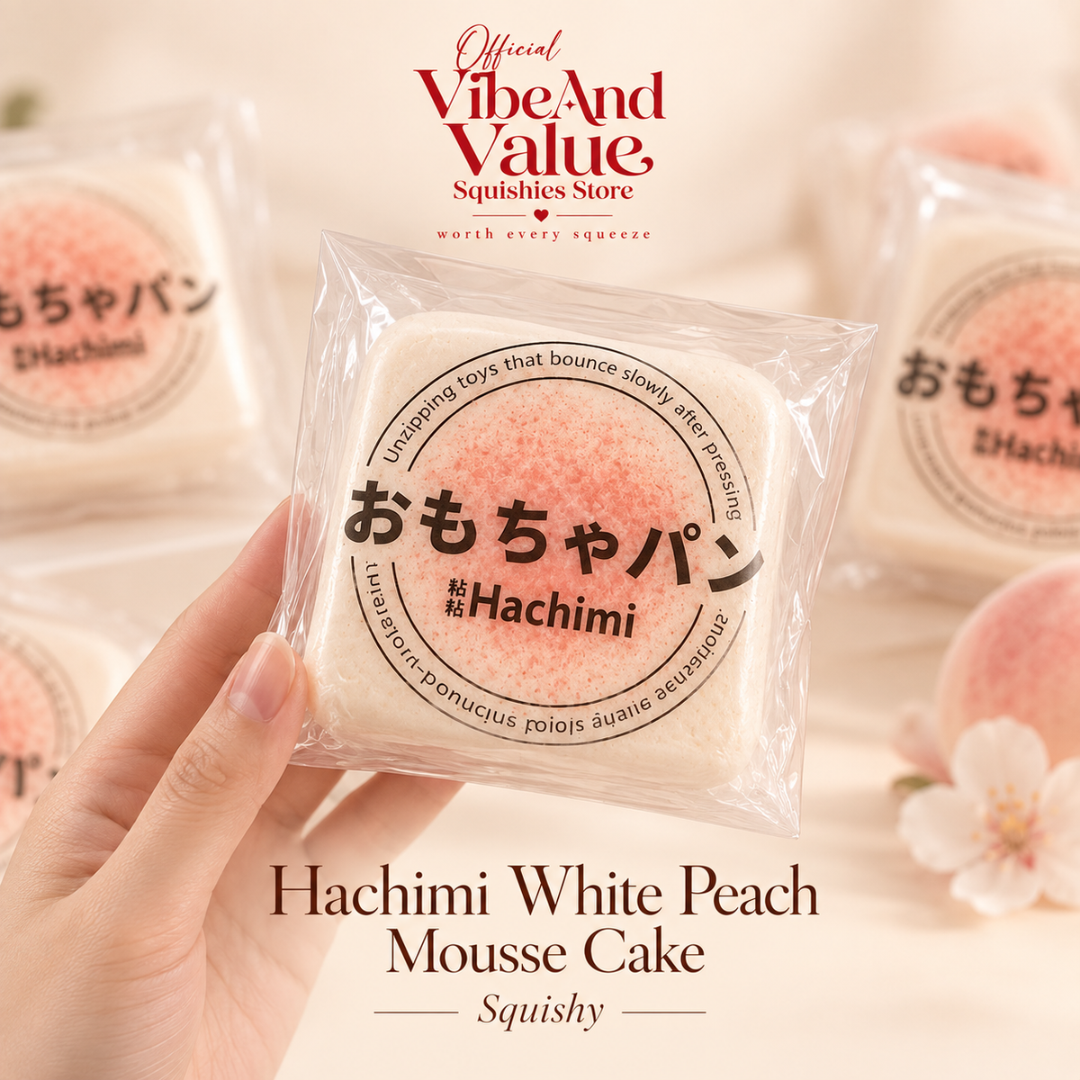 Hachimi Mousse Cake Squishy – Soft Slow Rising Dessert Squishy | White Peach, Sea Salt & Chocolate